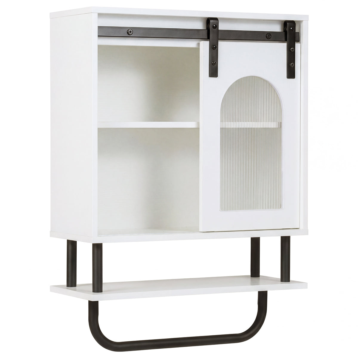 Bathroom Wall Cabinet with Sliding Barn Door and Metal Hanging Bar-White