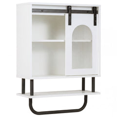 Bathroom Wall Cabinet with Sliding Barn Door and Metal Hanging Bar-White