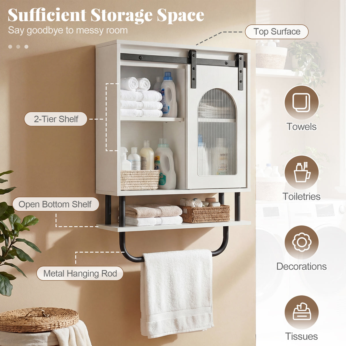 Bathroom Wall Cabinet with Sliding Barn Door and Metal Hanging Bar-White