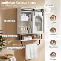 Bathroom Wall Cabinet with Sliding Barn Door and Metal Hanging Bar-White