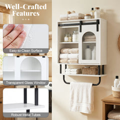 Bathroom Wall Cabinet with Sliding Barn Door and Metal Hanging Bar-White