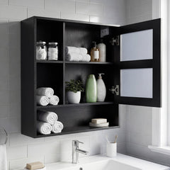 Bathroom Wall Mirror Cabinet with Single Door and 3 Open Shelves-Black