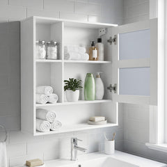 Bathroom Wall Mirror Cabinet with Single Door and 3 Open Shelves-White