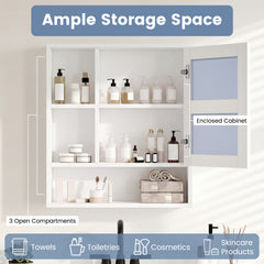 Bathroom Wall Mirror Cabinet with Single Door and 3 Open Shelves-White