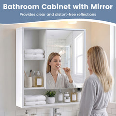 Bathroom Wall Mirror Cabinet with Single Door and 3 Open Shelves-White