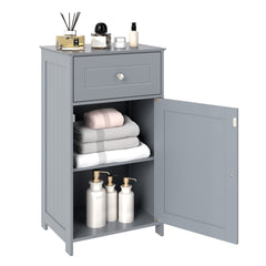 The floor cabinet shown from a side angle with the door open and items stored inside