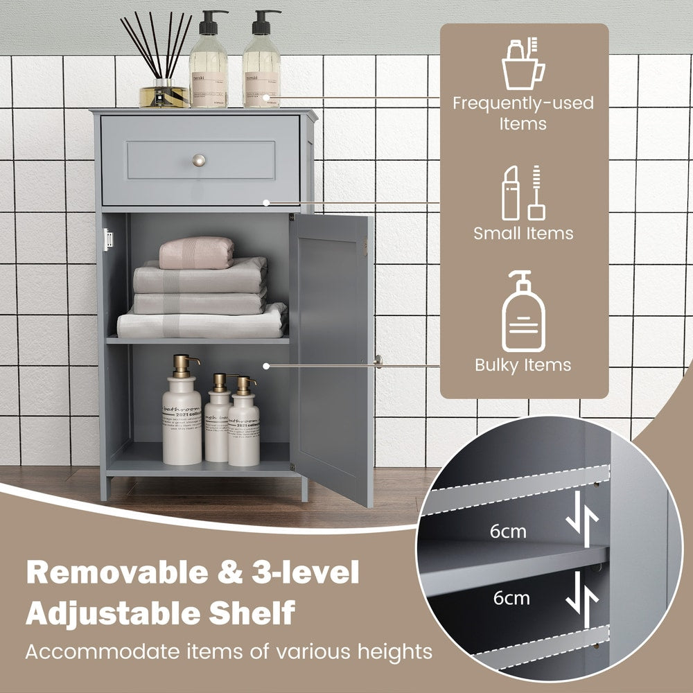 The floor cabinet with diagrams showing the adjustable shelf and storage organisation