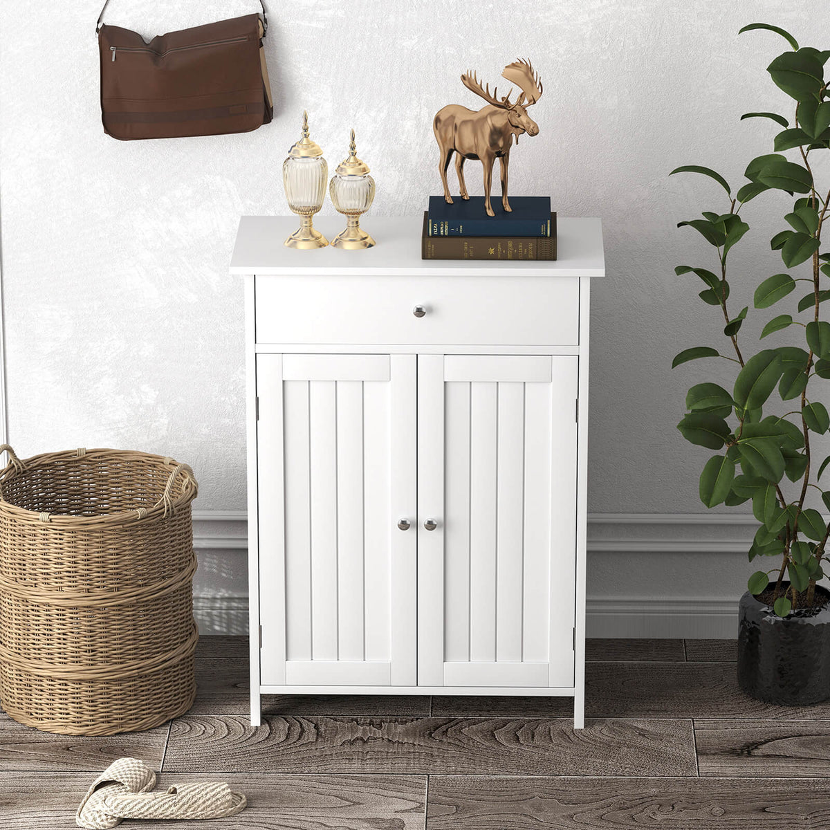 Bathroom Floor Cabinet 2-Door with Drawer and Adjustable Shelf-White