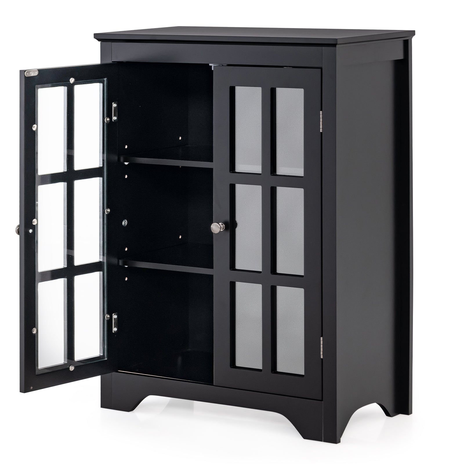 Bathroom Floor Cabinet with 2 Glass Doors and Adjustable Shelves-Black