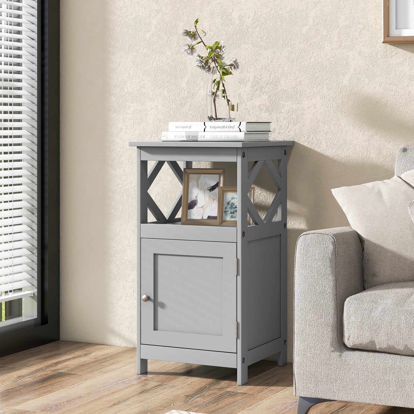 Bathroom Floor Cabinet with Open Compartment and Single Door-Grey