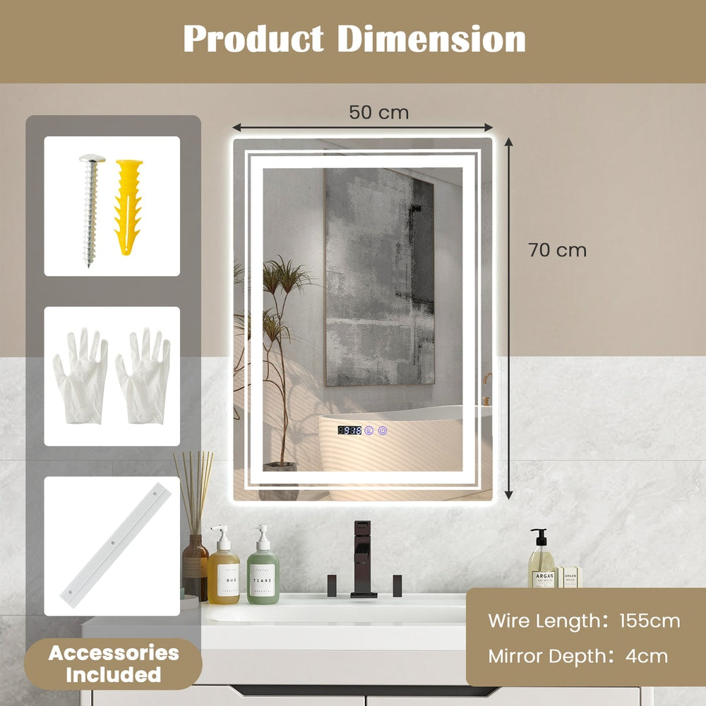 Product dimension diagram for the LED vanity mirror showing size and included accessories