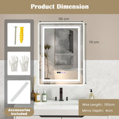 Product dimension diagram for the LED vanity mirror showing size and included accessories