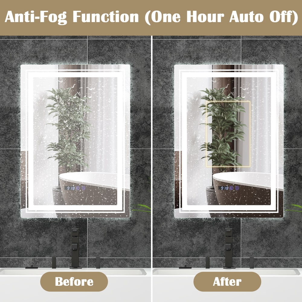 The anti-fog function of the bathroom vanity mirror demonstrated with water droplets on the glass