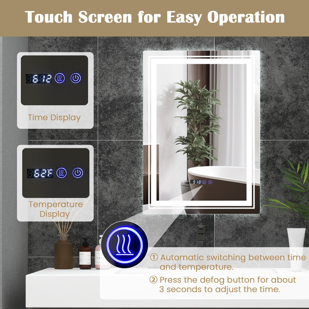 Close up of the touch screen controls for the bathroom vanity mirror showing time and temperature