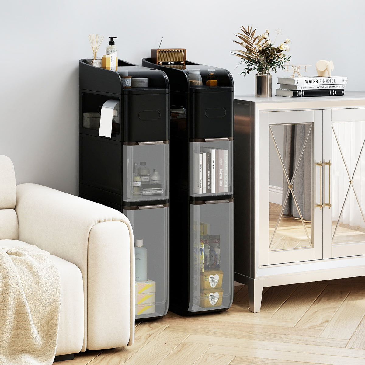 4-Tier Bathroom Storage Cabinet with 2 Drawers and Tissue Box-Black