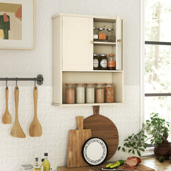Bathroom Wall Cabinet with Open Shelf and Adjustable Shelf-Beige