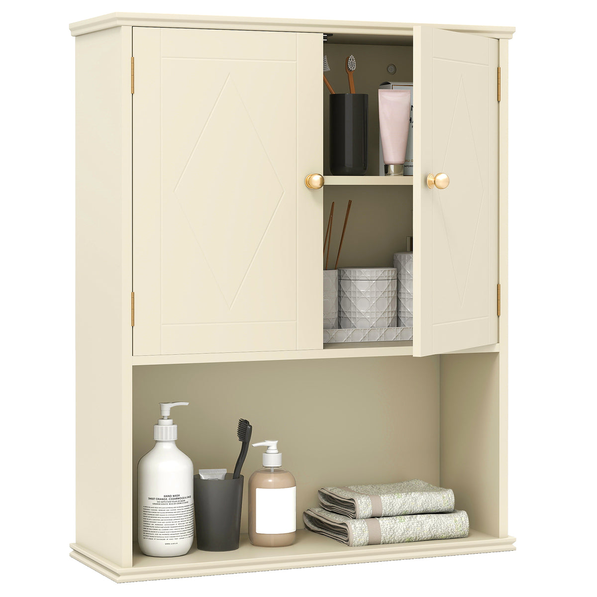 Bathroom Wall Cabinet with Open Shelf and Adjustable Shelf-Beige