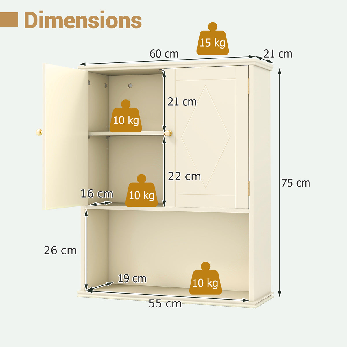 Bathroom Wall Cabinet with Open Shelf and Adjustable Shelf-Beige