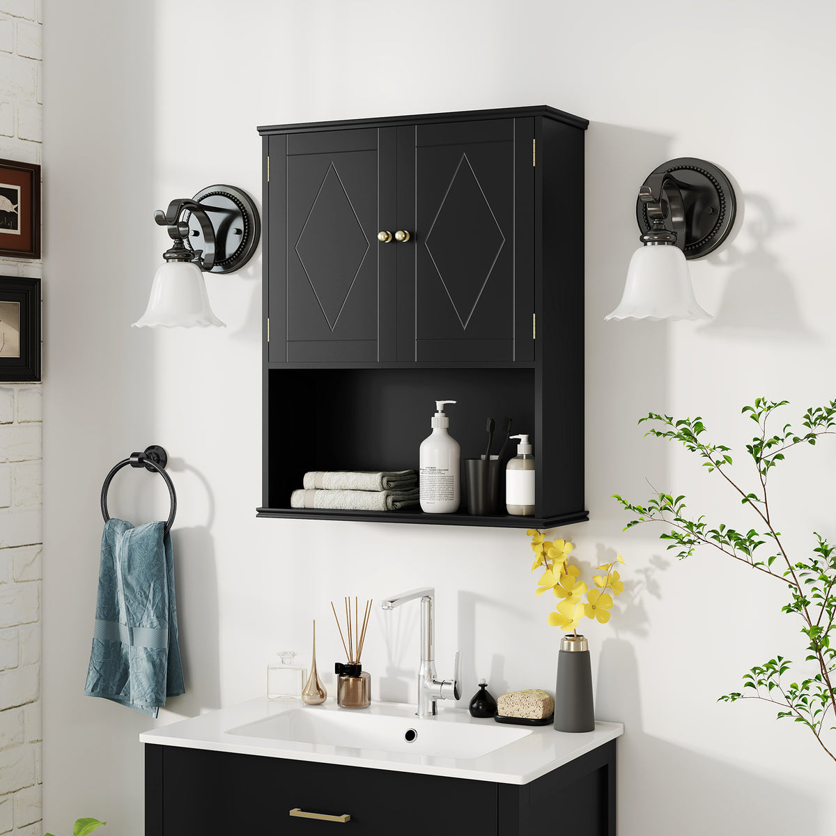 Bathroom Wall Cabinet with Open Shelf and Adjustable Shelf-Black