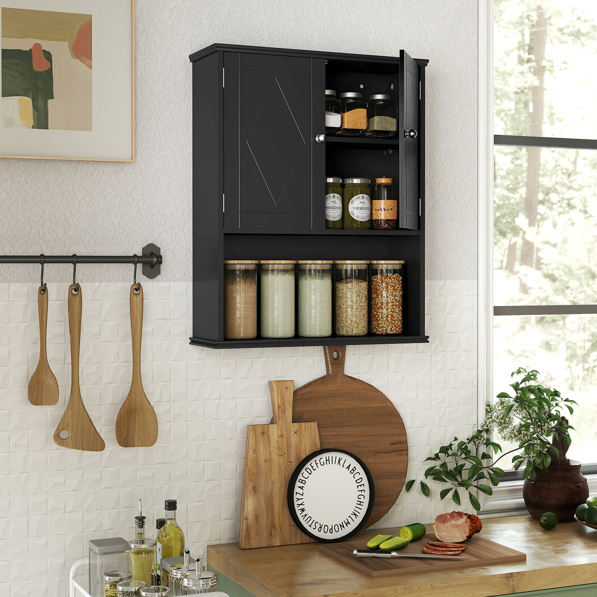 Bathroom Wall Cabinet with Open Shelf and Adjustable Shelf-Black