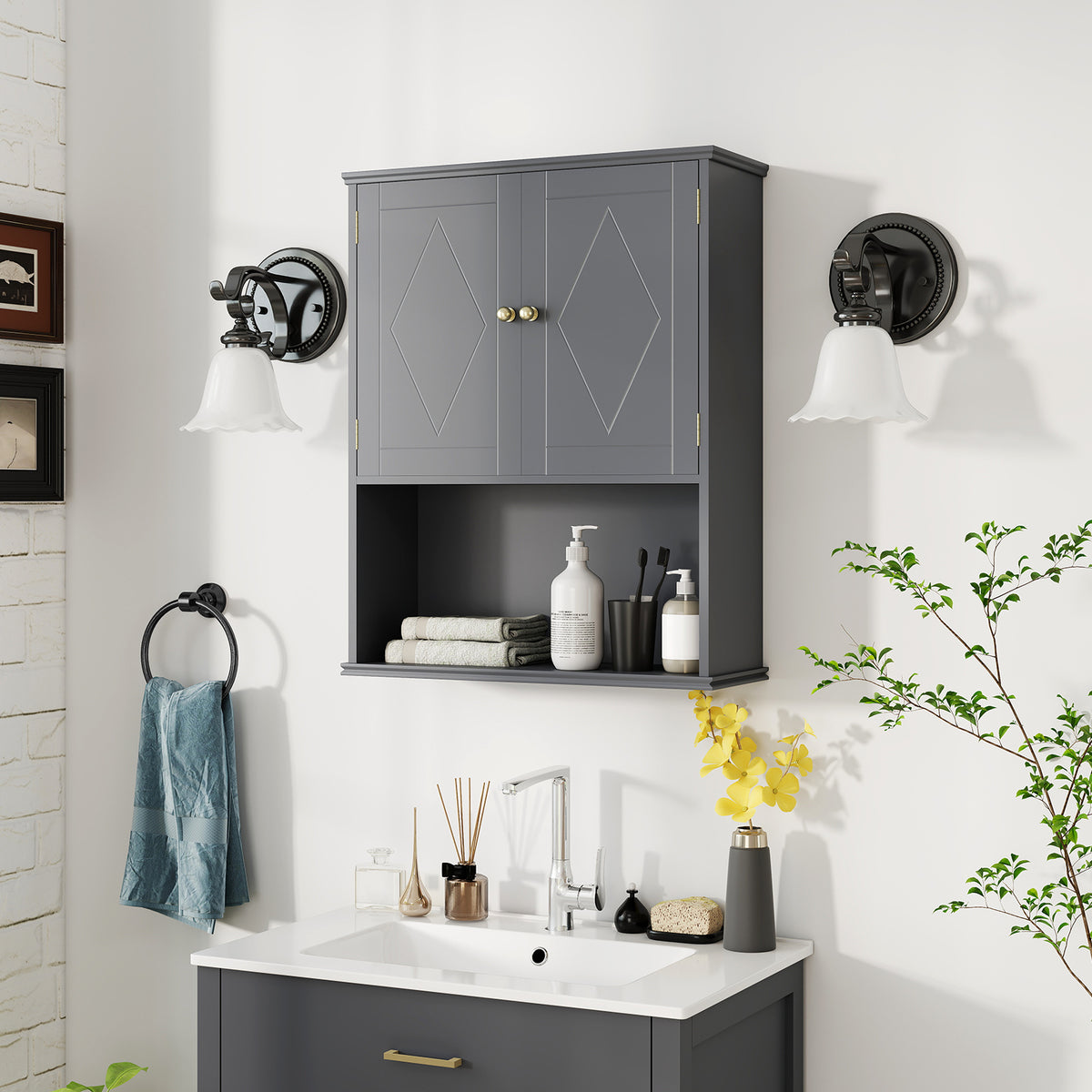 Bathroom Wall Cabinet with Open Shelf and Adjustable Shelf-Grey