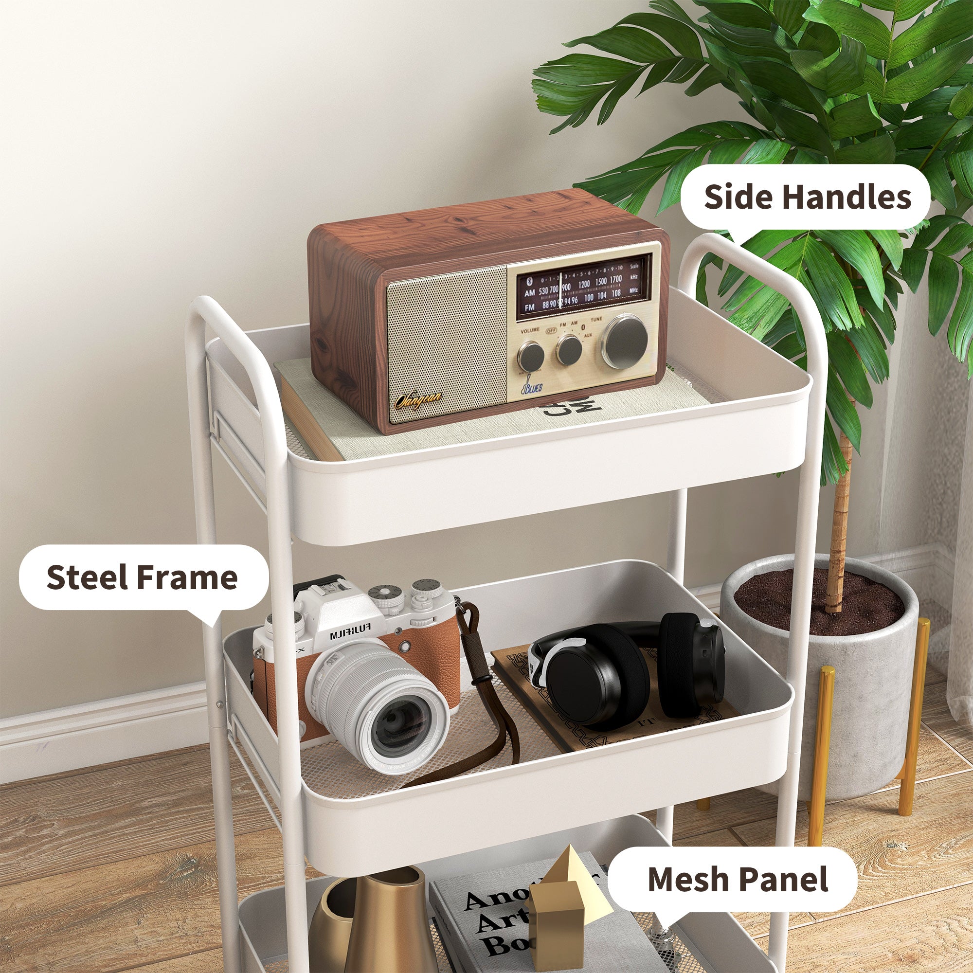 HOMCOM Three-Tier Steel Storage Trolley - White