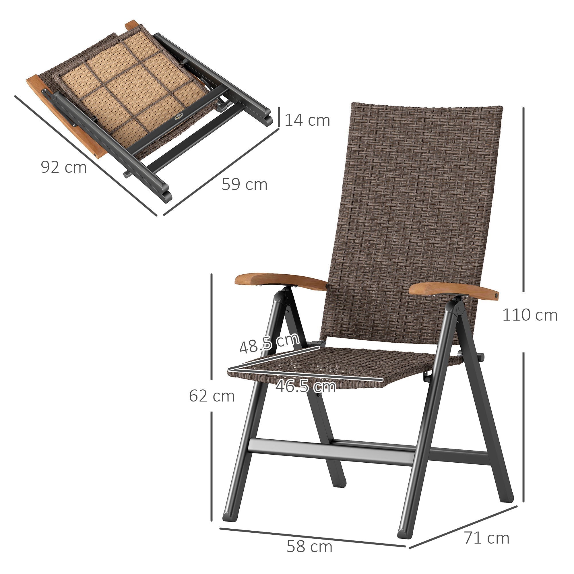 Outsunny 2 Pieces Folding Rattan Garden Dining Chairs with 5-level Reclining High Back, Wood Armrests for Outdoor - Brown