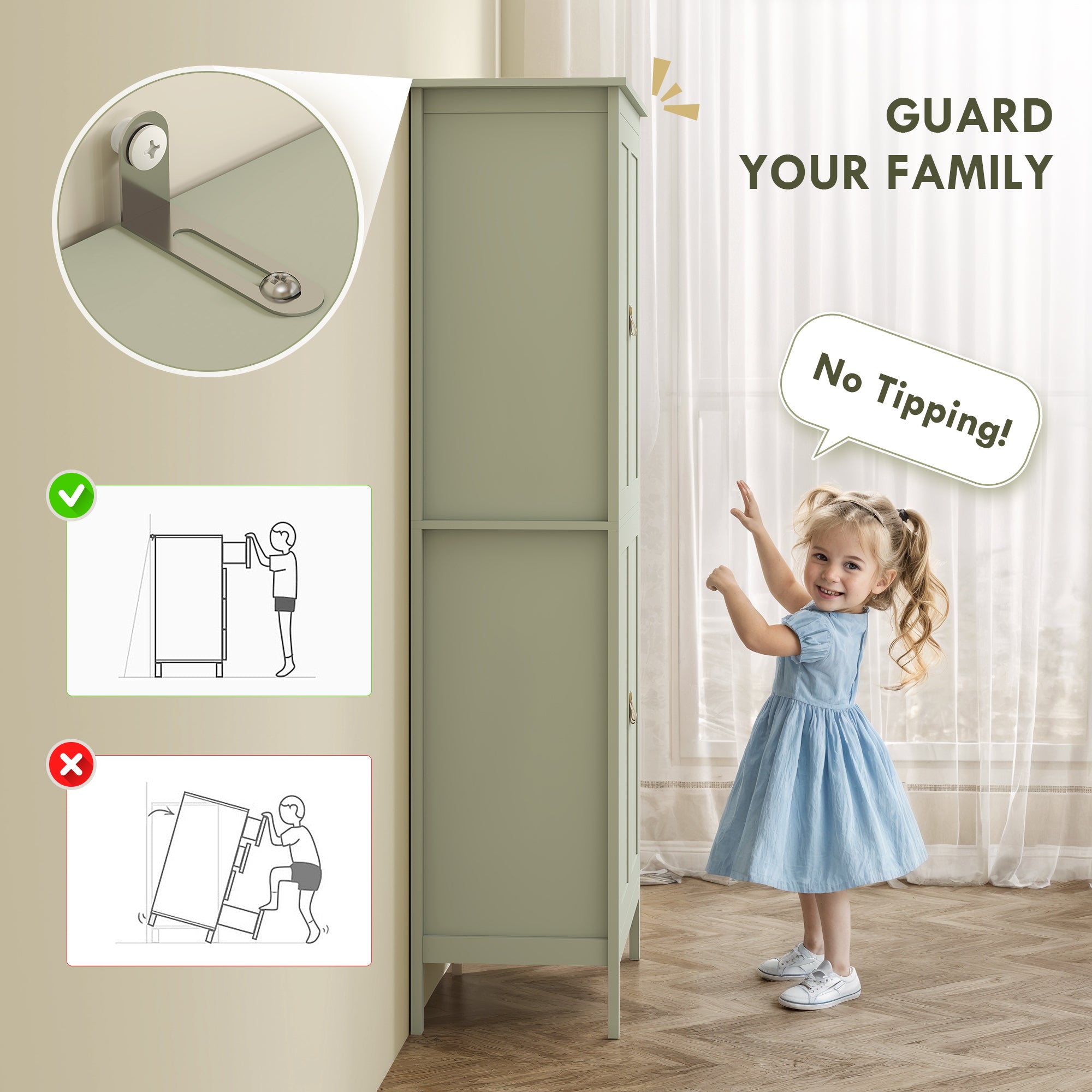 HOMCOM Tall Pantry Cupboard with Motion Sensor LED Light - Green