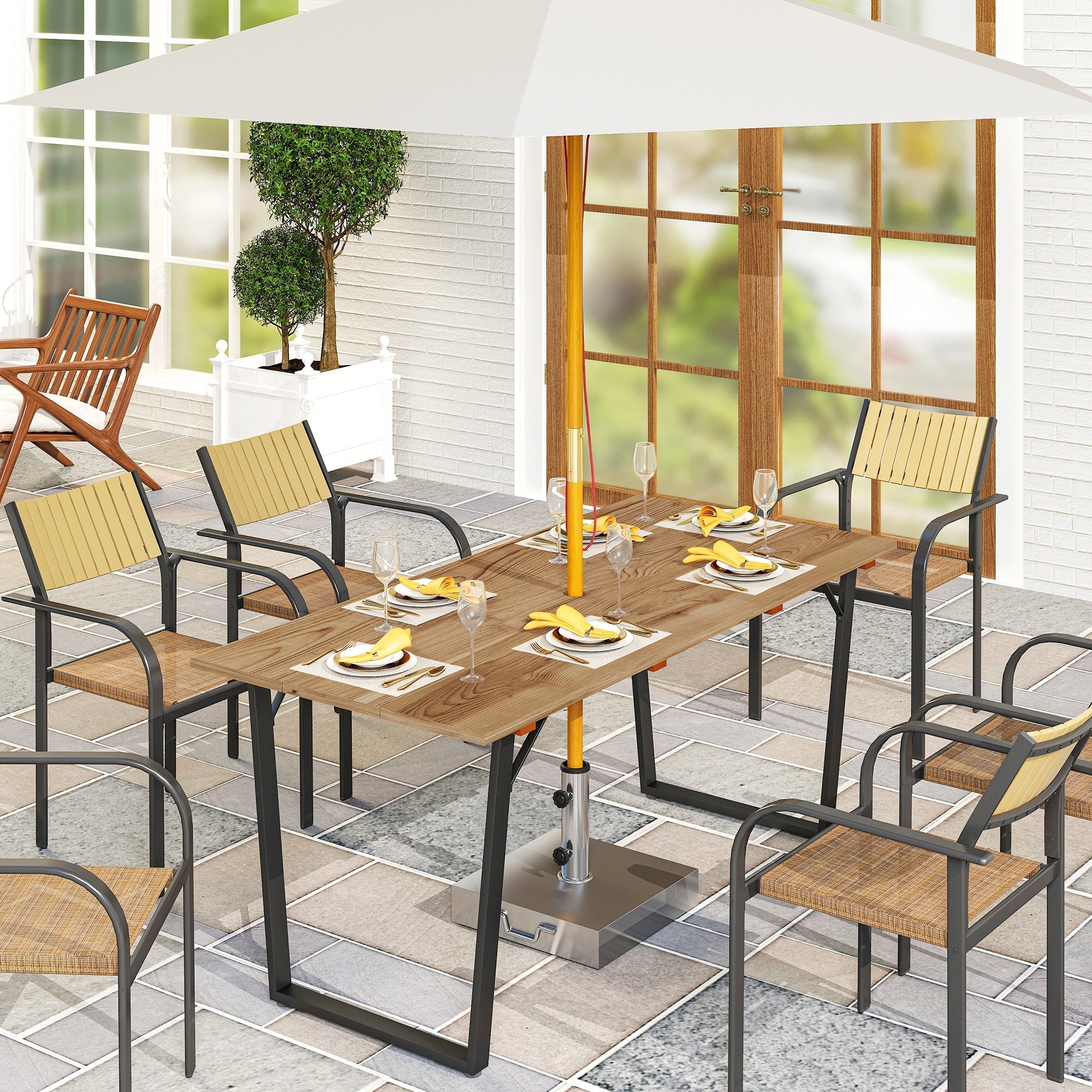 Outsunny 6 Seater Wooden Garden Dining Table, 175 x 80 cm Rectangular Outdoor Dining Table with 5cm Parasol Hole and Slatted Top, Weather Resistant for Patio, Terrace, Brown