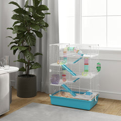 PawHut 6 Tier Hamster Cage, Small Animal Cage with Tubes, Exercise Wheel, Ramps, Hut, Food Dish, Water Bottle, Light Blue