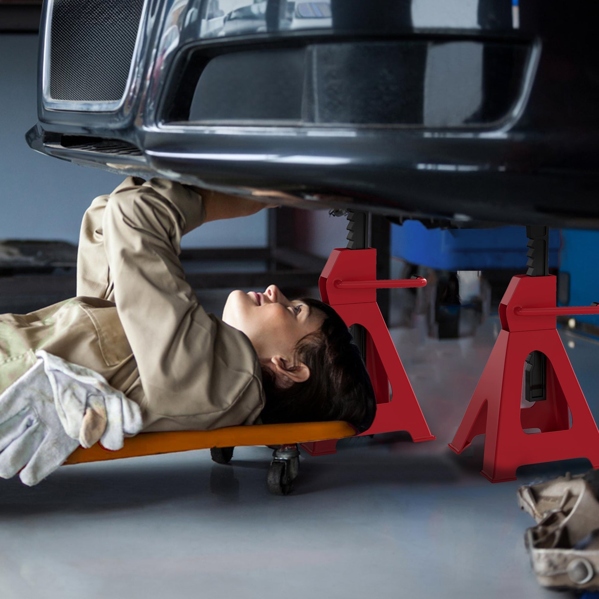 HOMCOM Axle Stands 2 Ton Car Jack Stands Pack of 2, 28-42.5 cm Height Adjustable Support Jack Stand, Heavy Duty Car Lift Tool for Vehicles, Caravans, Workshops, Garages, Red