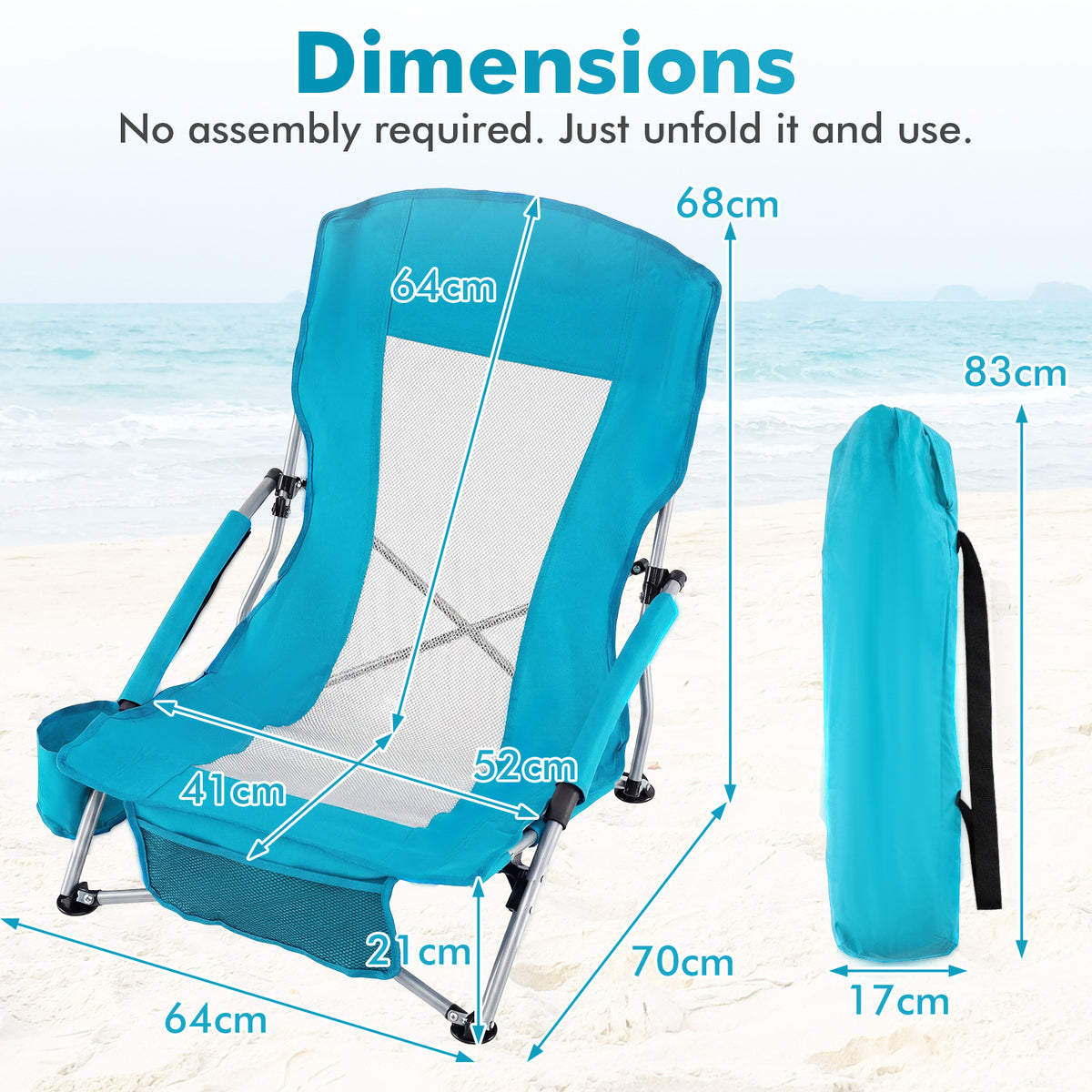 Beach Chair Set of 2 with Padded Armrests and Storage Pocket-Blue