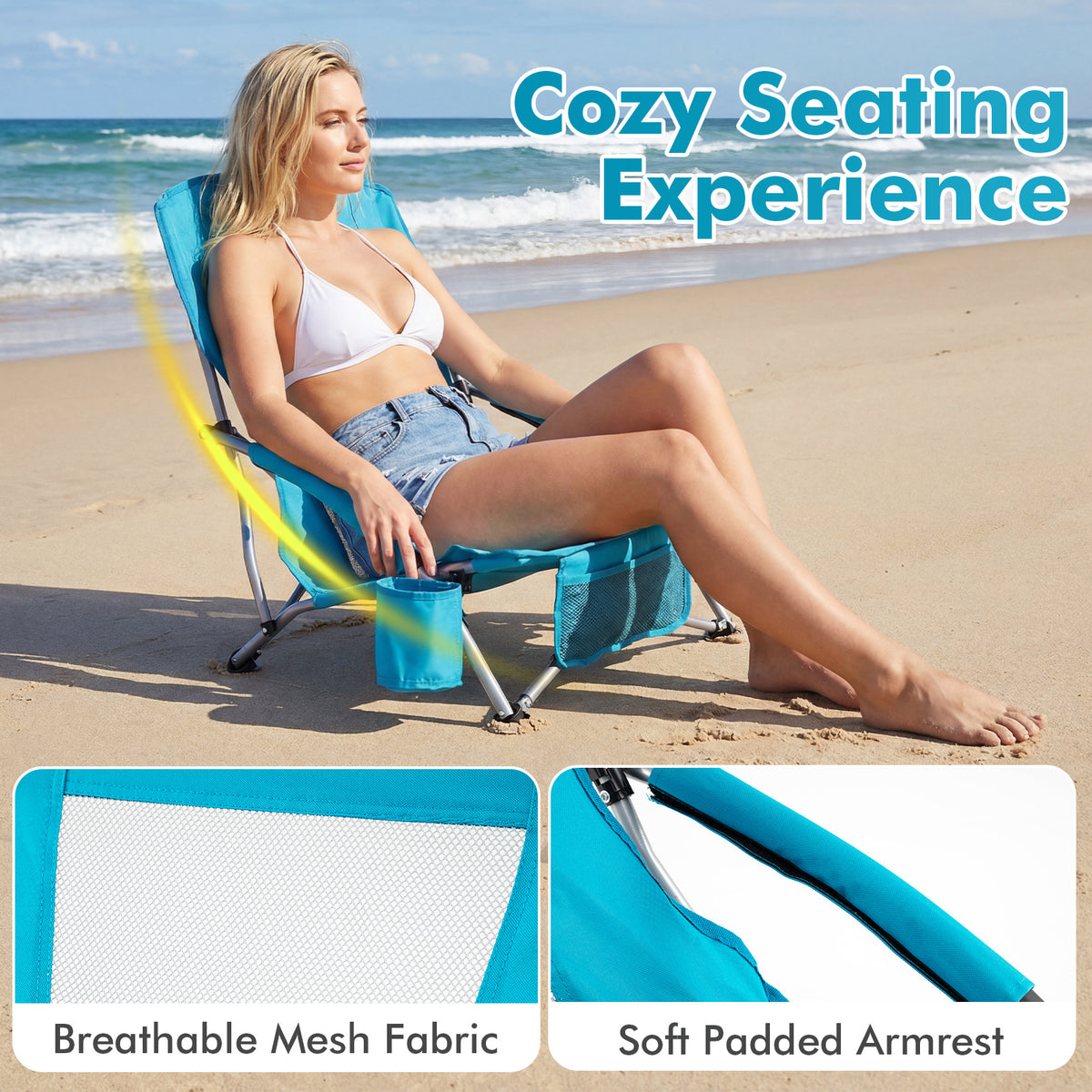 Beach Chair Set of 2 with Padded Armrests and Storage Pocket-Blue