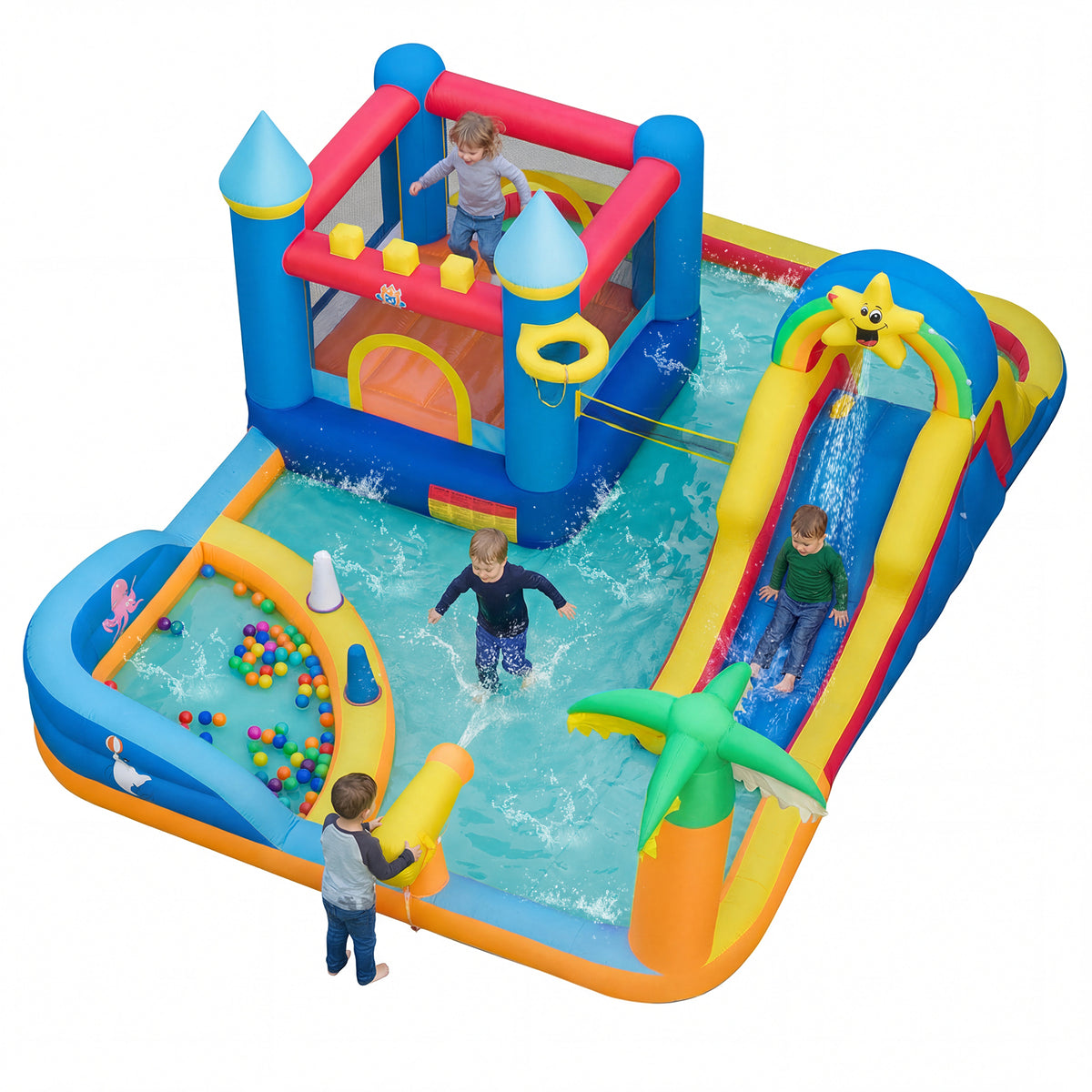 Beach-Themed Inflatable Water Slide with Climbing Wall