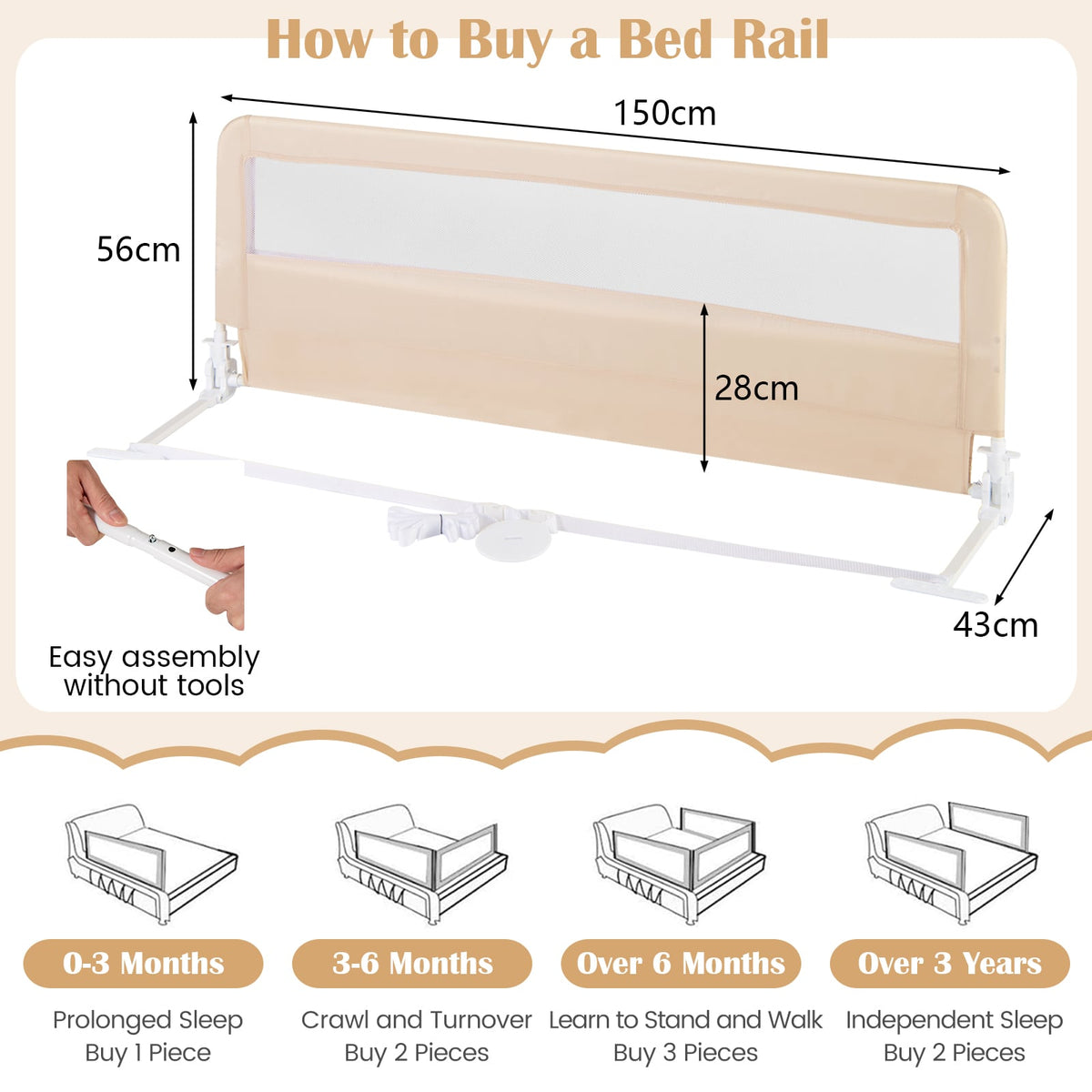 150CM Foldable Baby Bed Rail Guard in Beige, image 5