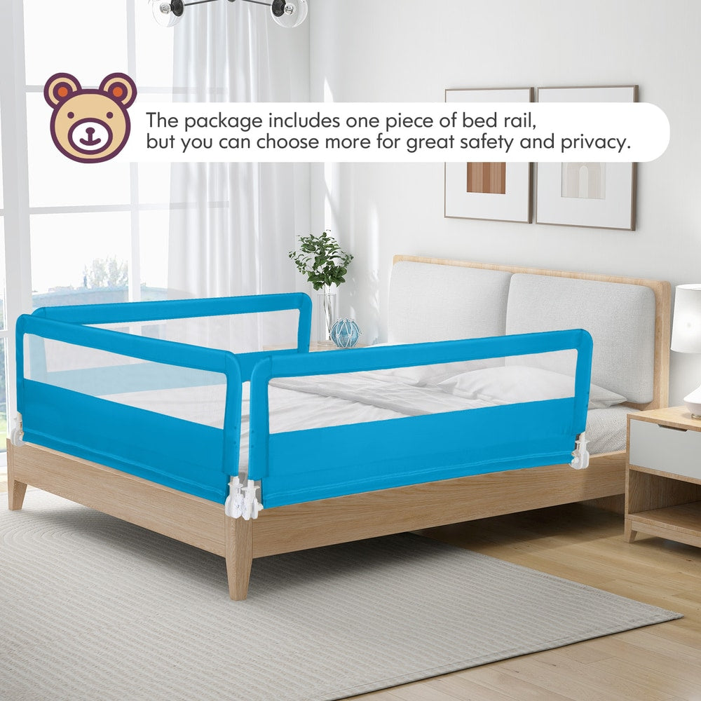 The blue bed rail guard is fitted to a toddler bed with a cartoon animal headboard