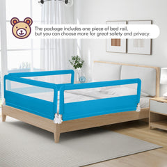 The blue bed rail guard is fitted to a toddler bed with a cartoon animal headboard