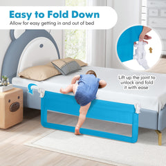 A baby climbs over the blue bed rail guard which is shown in a folded down position