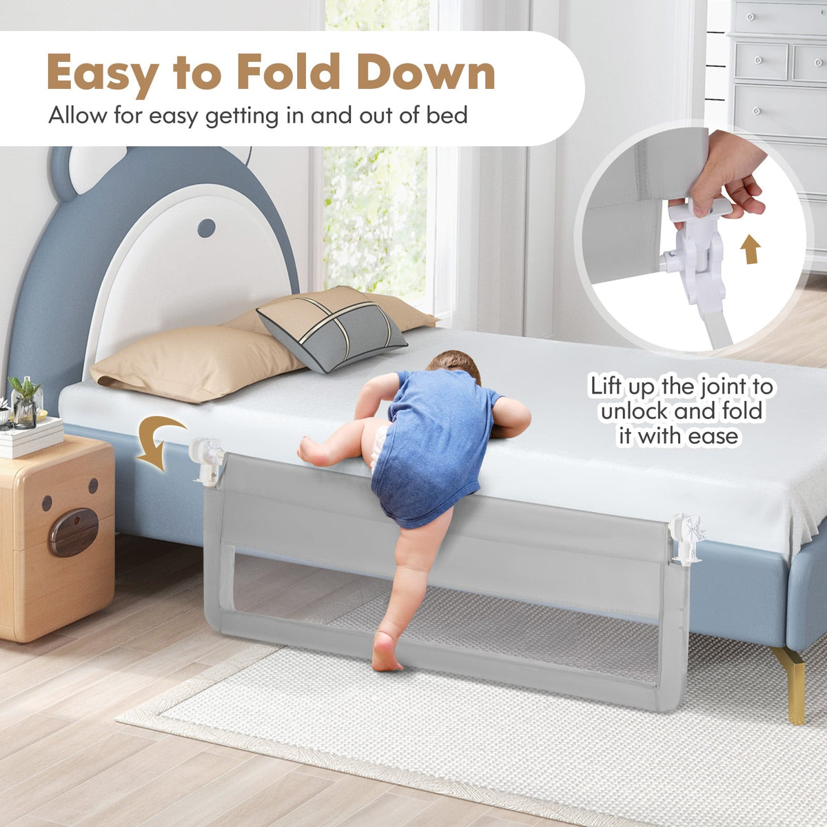 150CM Foldable Baby Bed Rail Guard in Silver, image 6