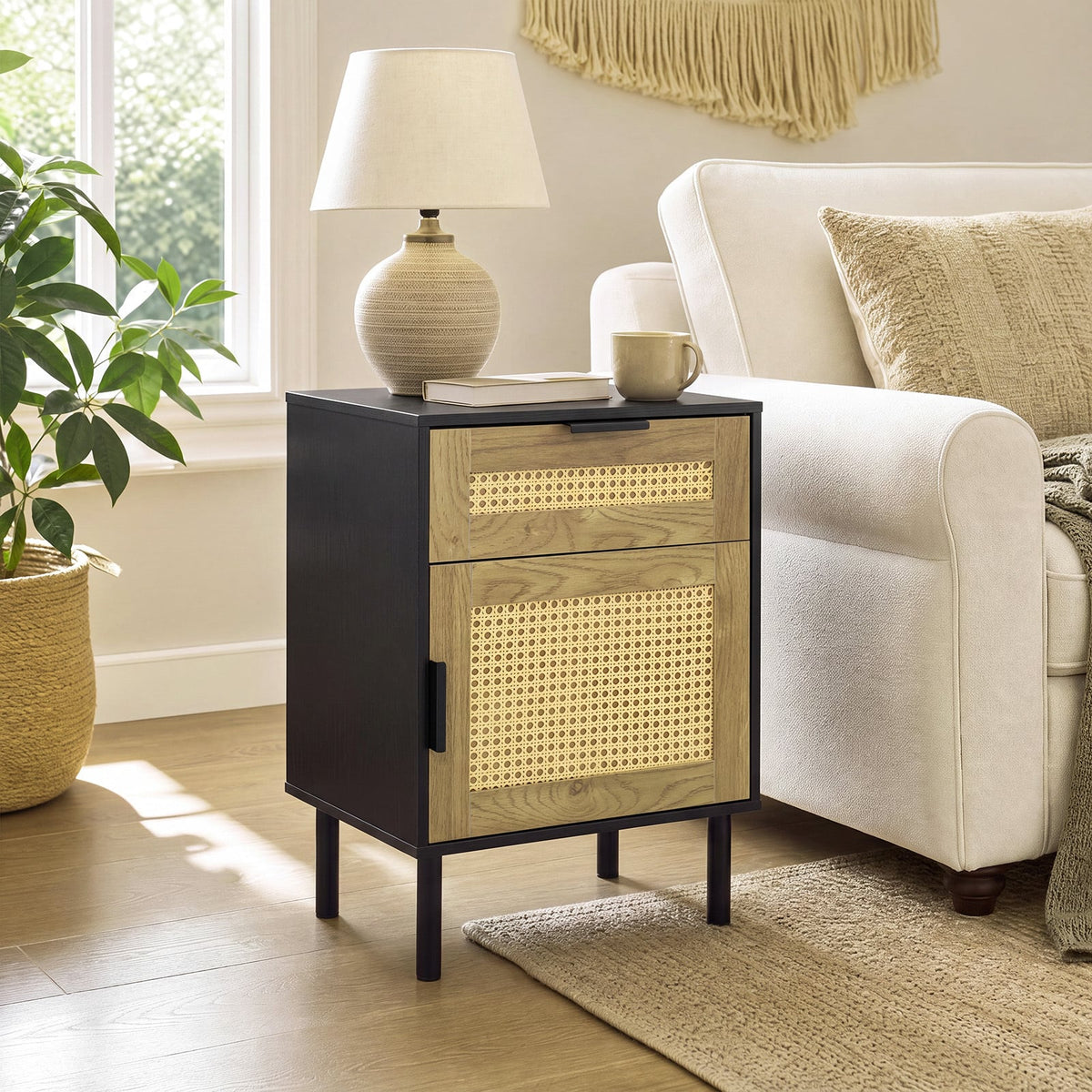 Bedside Table with Rattan-decorated Storage Drawer and Door Metal Legs-Black