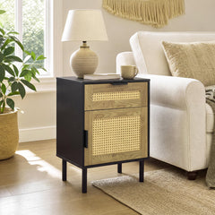 Bedside Table with Rattan-decorated Storage Drawer and Door Metal Legs-Black