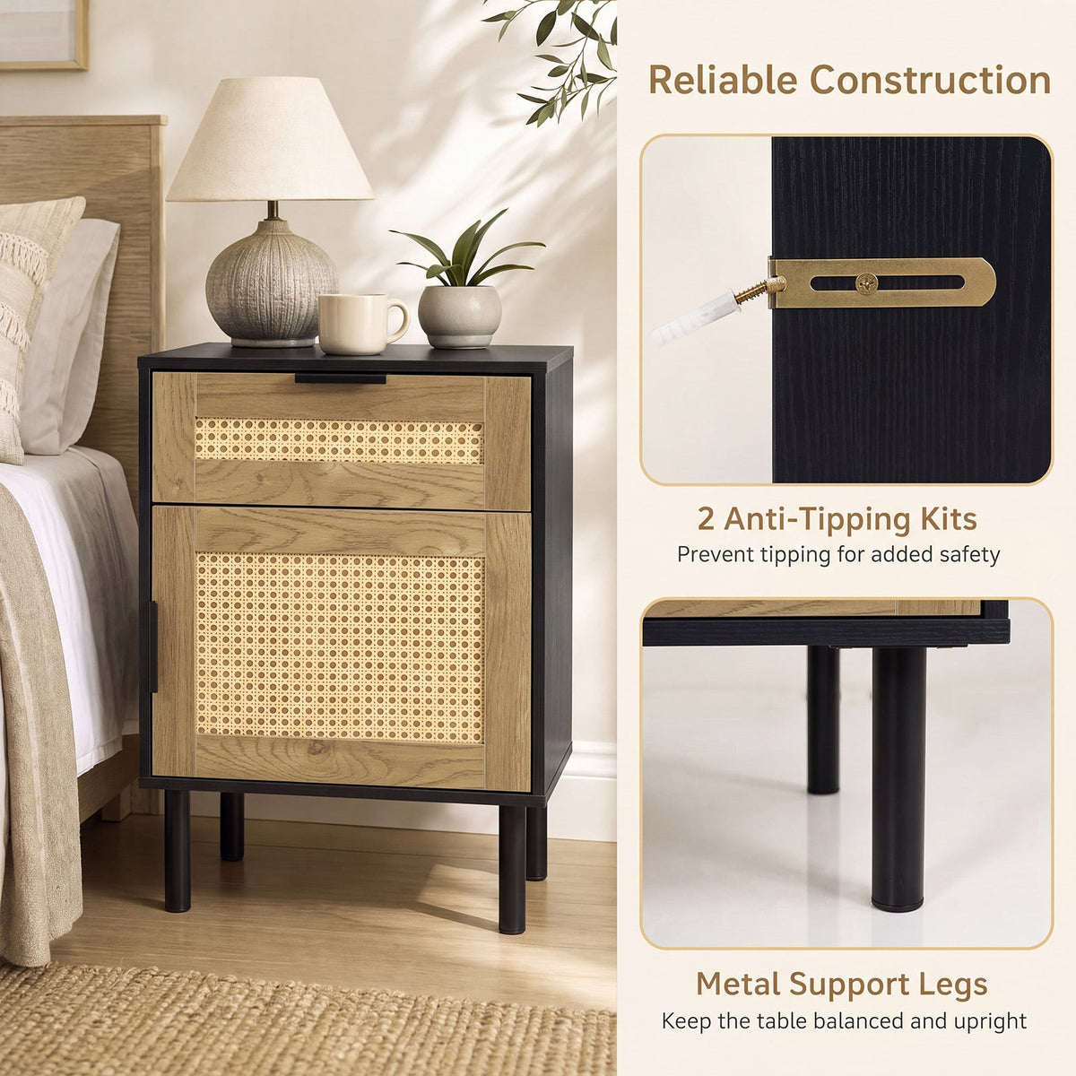 Bedside Table with Rattan-decorated Storage Drawer and Door Metal Legs-Black