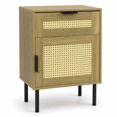 Bedside Table with Rattan-decorated Storage Drawer and Door Metal Legs-Natural
