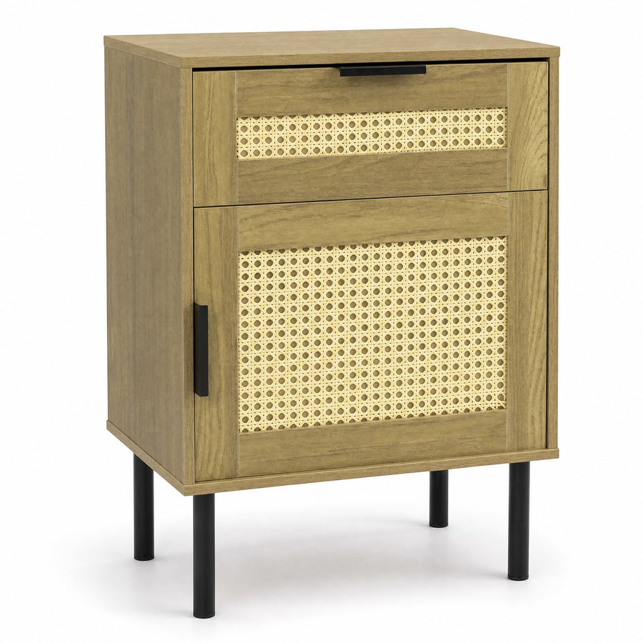 Bedside Table with Rattan-decorated Storage Drawer and Door Metal Legs-Natural