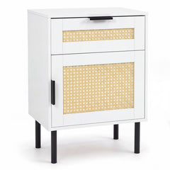 Bedside Table with Rattan-decorated Storage Drawer and Door Metal Legs-White