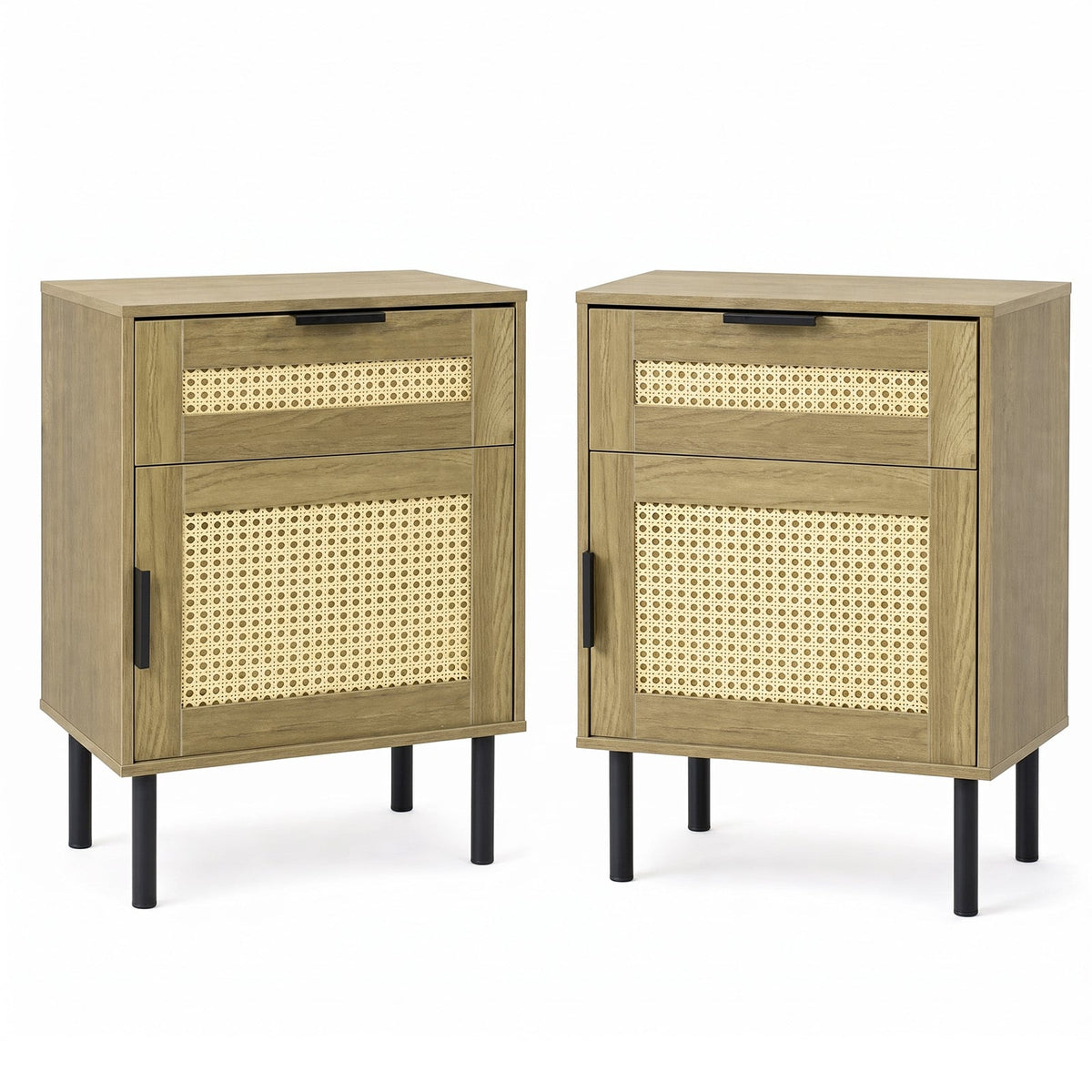 Set of 2 Bedside Table with Rattan-decorated Storage Drawer and Door Metal Legs-Natural