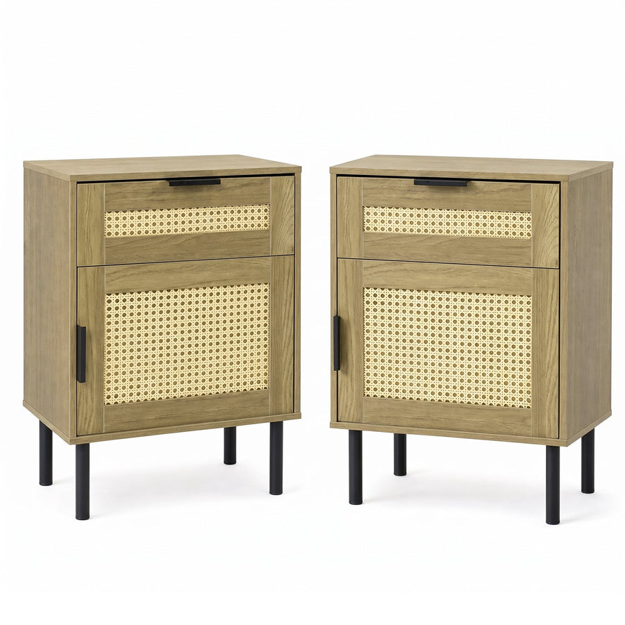 Set of 2 Bedside Table with Rattan-decorated Storage Drawer and Door Metal Legs-Natural