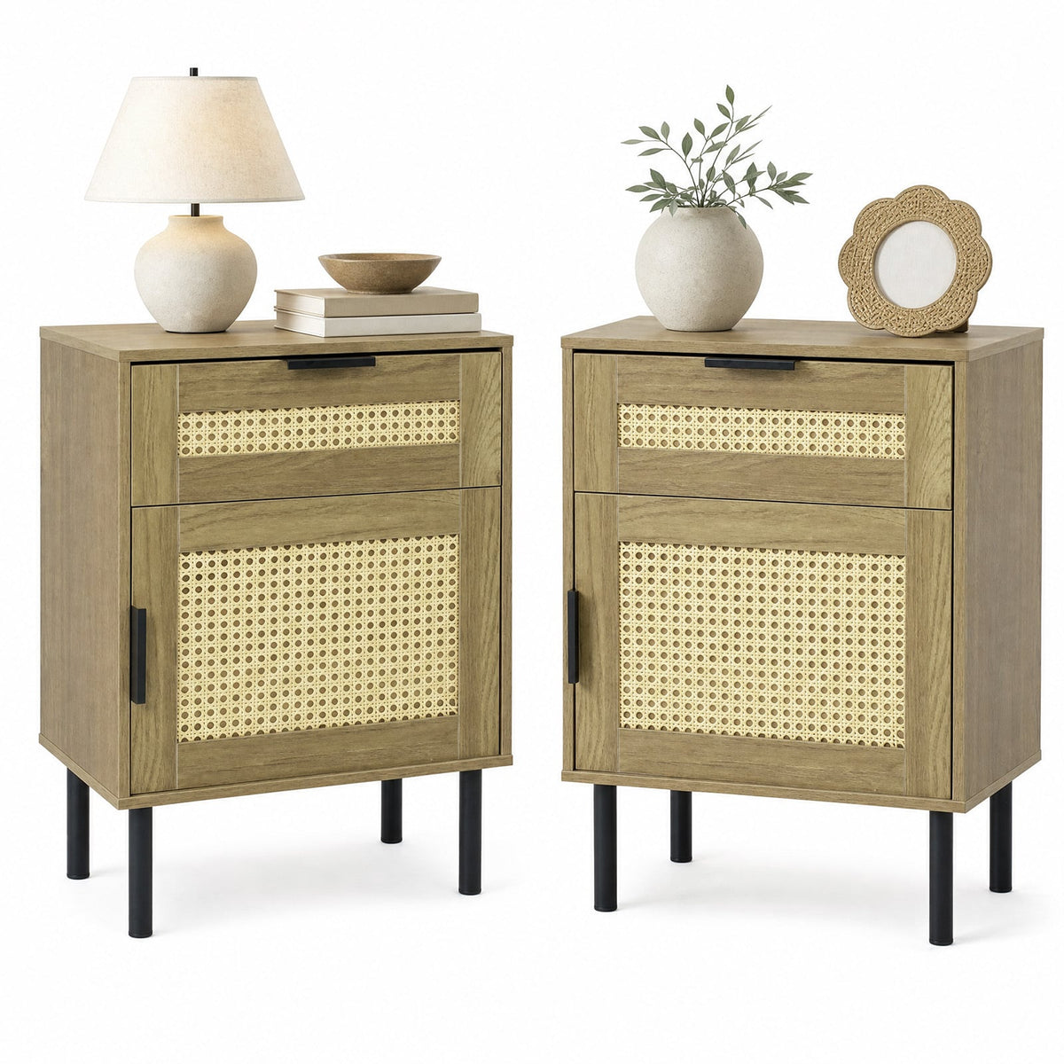 Set of 2 Bedside Table with Rattan-decorated Storage Drawer and Door Metal Legs-Natural