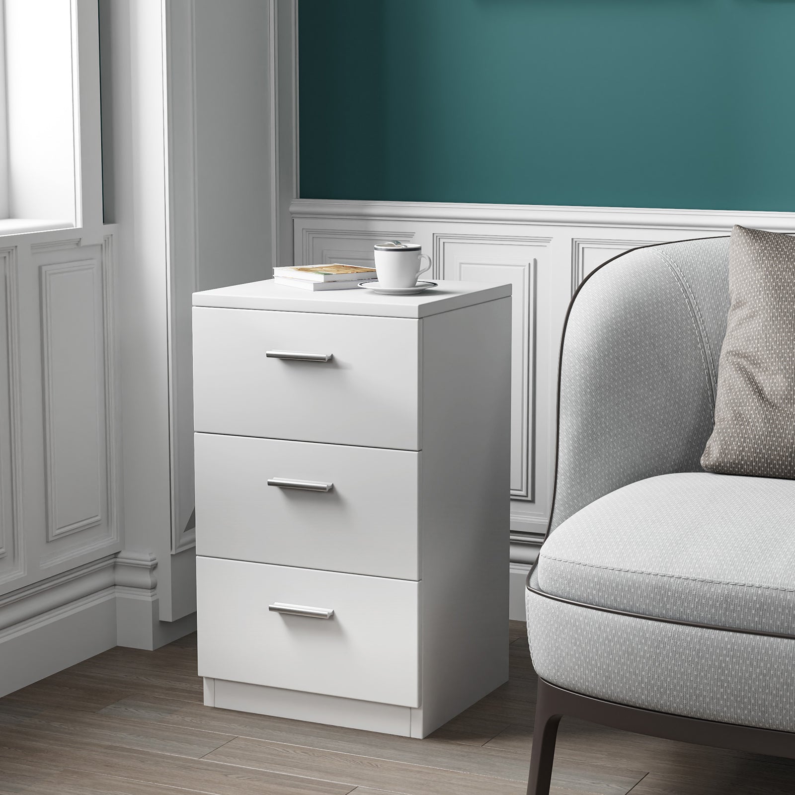 Space-saving Night Chest with 3 Drawers and Handles for Bedroom-White