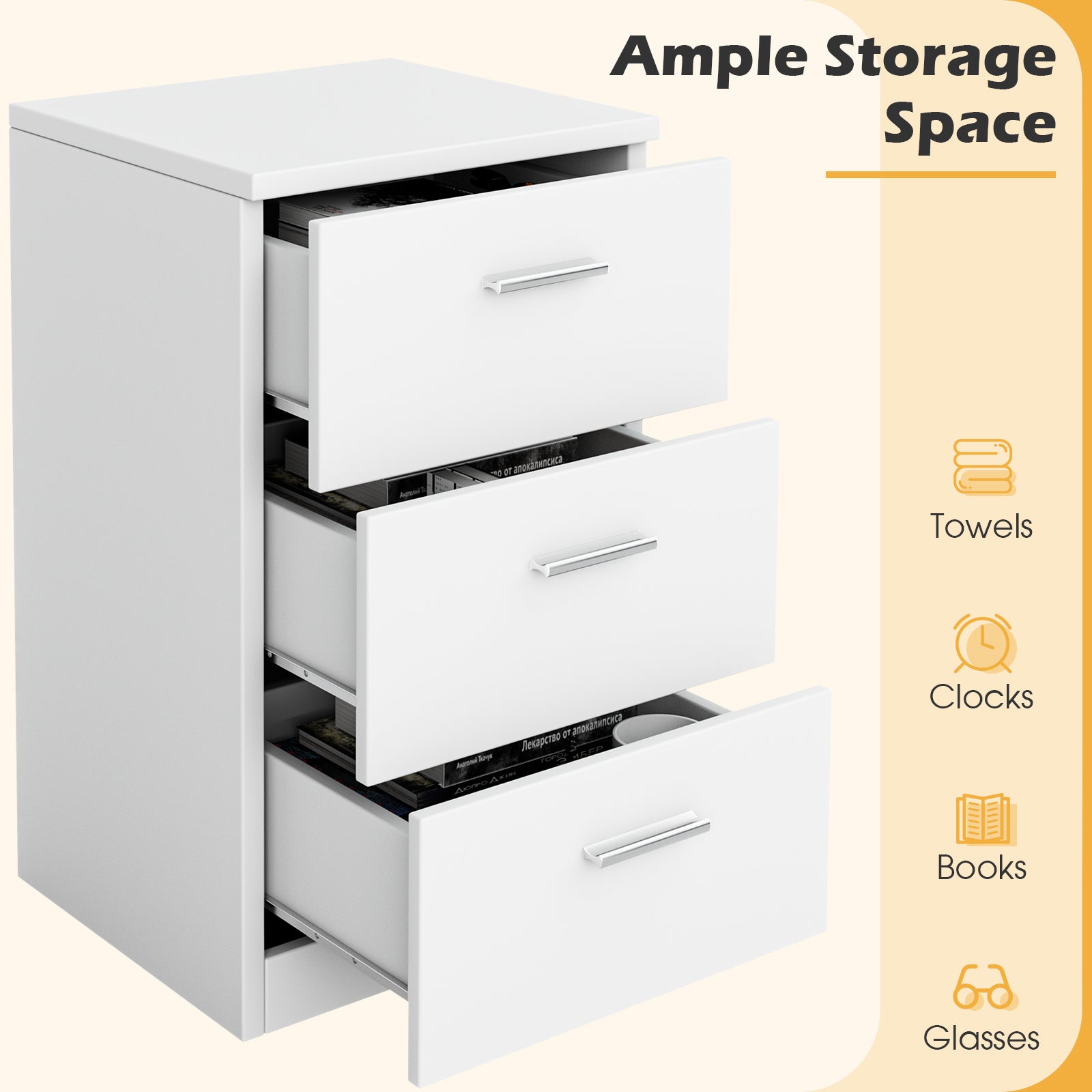 Space-saving Night Chest with 3 Drawers and Handles for Bedroom-White